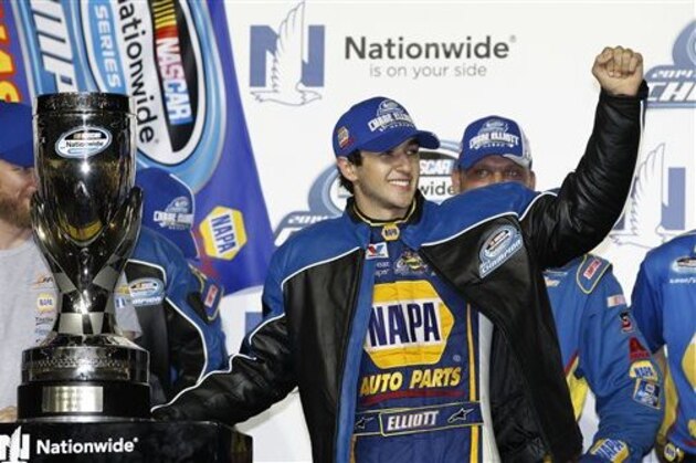 FILE - In this Nov. 15, 2014, file photo, Chase Elliott celebrates after winning the NASCAR Nationwide series championship in Homestead, Fla. Elliott will replace Jeff Gordon in the No. 24 Chevrolet when the four-time NASCAR champion gives up his seat at the end of this season.   (AP Photo/David Graham, File)
