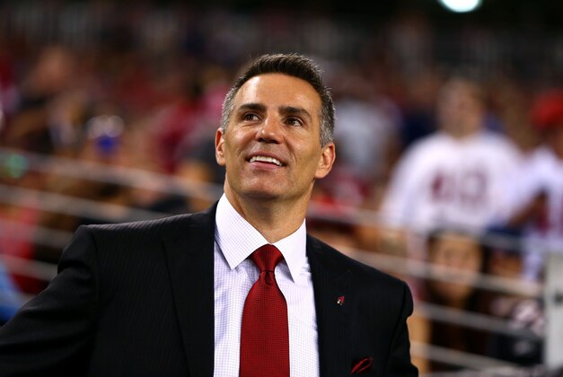 Sep 8, 2014; Glendale, AZ, USA; Arizona Cardinals former quarterback Kurt Warner on the sidelines against the San Diego Chargers at University of Phoenix Stadium. Mandatory Credit: Mark J. Rebilas-USA TODAY Sports