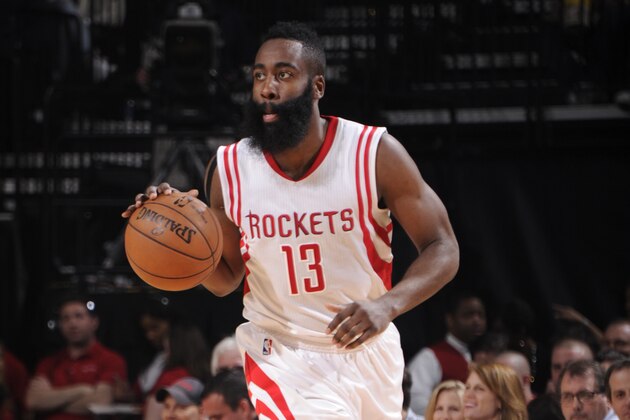 HOUSTON, TX - JANUARY 28:  James Harden #13 of the Houston Rockets brings the ball up court against the Dallas Mavericks on January 28, 2015 at the Toyota Center in Houston, Texas. NOTE TO USER: User expressly acknowledges and agrees that, by downloading and or using this photograph, User is consenting to the terms and conditions of the Getty Images License Agreement. Mandatory Copyright Notice: Copyright 2015 NBAE (Photo by Bill Baptist/NBAE via Getty Images)