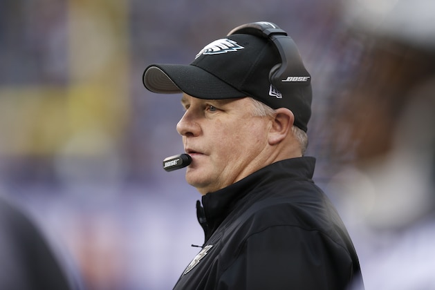 Philadelphia Eagles head coach Chip Kelly watches his team play during the first half of an NFL football game against the New York Giants Sunday, Dec. 28, 2014, in East Rutherford, N.J. (AP Photo/Kathy Willens)