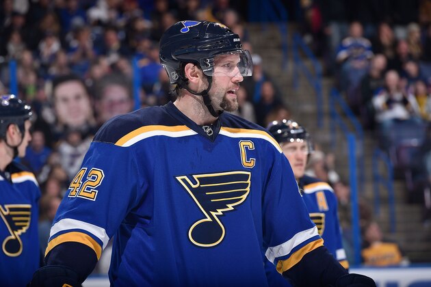 ST. LOUIS, MO - JANUARY 10:  David Backes #42 of the St. Louis Blues looks on during a break in play against the Carolina Hurricanes on January 10, 2015 at Scottrade Center in St. Louis, Missouri. (Photo by Scott Rovak/NHLI via Getty Images)