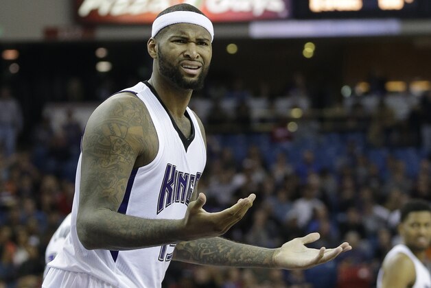 Sacramento Kings center DeMarcus Cousins questions a foul call during the second half of an NBA basketball game against the Denver Nuggets in Sacramento, Calif., Friday, Jan. 9,  2015.  The Nuggets won 118-108.(AP Photo/Rich Pedroncelli)