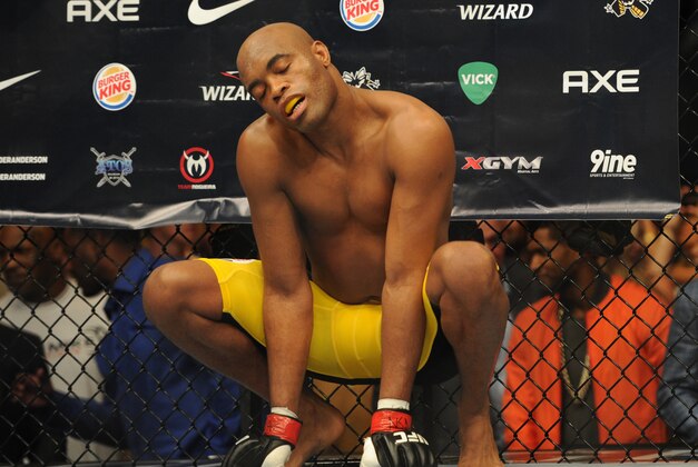 Jul 6, 2013; Las Vegas, NV, USA;  Anderson Silva (yellow shorts) is introduced for his Middleweight Chamionship Bout at the MGM Grand Garden Arena. Chris Weidman defeated Anderson in a TKO in the second round. Mandatory Credit: Jayne Kamin-Oncea-USA TODAY Sports