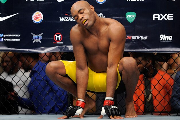 Anderson Silva warms up before his UFC 162 mixed martial arts middleweight championship bout against Chris Weidman at the MGM Grand Garden Arena on Saturday, July 6, 2013, in Las Vegas.  Weidman won the fight with a TKO. (AP Photo/David Becker)