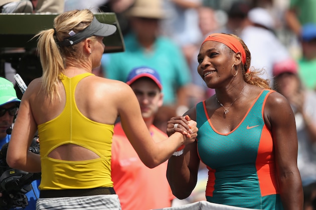 KEY BISCAYNE, FL - MARCH 27:  Serena Williams of the United States shakes hands at the net after her straight sets victory against Maria Sharapova of Russia during their semi final round match during day 11 at the Sony Open at Crandon Park Tennis Cente on March 27, 2014 in Key Biscayne, Florida.  (Photo by Clive Brunskill/Getty Images)