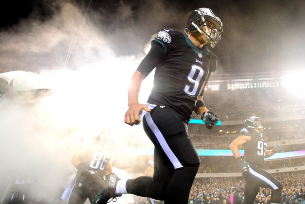 PHILADELPHIA, PA - OCTOBER 12: Quarterback Nick Foles #9 of the Philadelphia Eagles gets introduced prior to a football game against the New York Giants at Lincoln Financial Field on October 12, 2014 in Philadelphia, Pennsylvania. (Photo by Evan Habeeb/Getty Images)