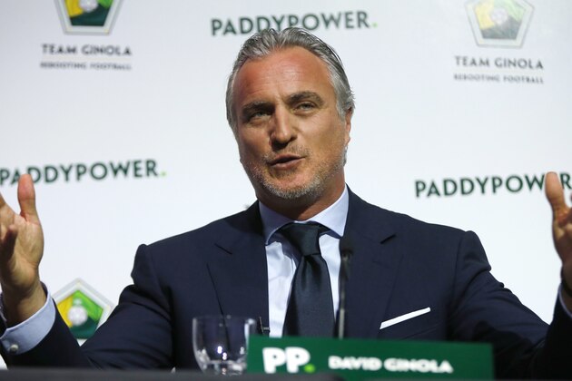 Former France soccer player David Ginola speaks at a press conference to launch his bid to challenge Sepp Blatter for the FIFA presidency, in London, Friday Jan. 16, 2015. 47-year-old Ginola has until Jan. 29 to show FIFA he has the support of five national associations, and he must also prove he has played an