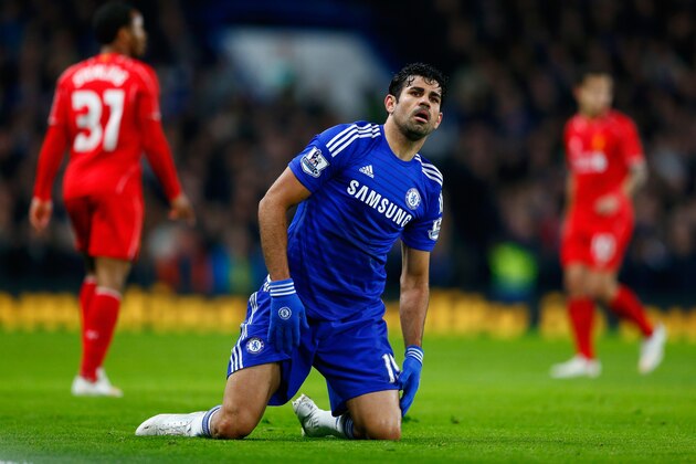 LONDON, ENGLAND - JANUARY 27:  Diego Costa of Chelsea reacts during the Capital One Cup Semi-Final second leg between Chelsea and Liverpool at Stamford Bridge on January 27, 2015 in London, England.  (Photo by Julian Finney/Getty Images)