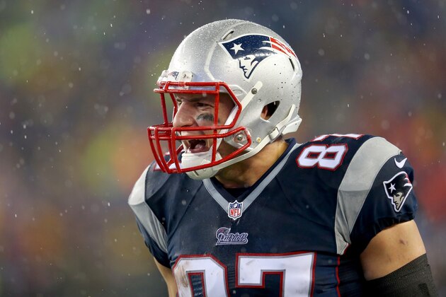 FOXBORO, MA - JANUARY 18:  Rob Gronkowski #87 of the New England Patriots looks on against the Indianapolis Colts of the 2015 AFC Championship Game at Gillette Stadium on January 18, 2015 in Foxboro, Massachusetts.  (Photo by Jim Rogash/Getty Images)