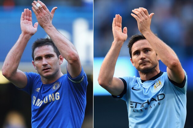 FILE PHOTO (EDITORS NOTE: COMPOSITE OF TWO IMAGES - Image numbers (L)  162960114 and 455869624) In this composite image a comparision has been made between Frank Lampard playing for Chelsea (L) and for Manchester City (R). Chelsea meet Manchester City in a Premier League match on January 31, 2015 at Stamford Bridge,London. **LEFT IMAGE** LONDON, ENGLAND - MARCH 02: Frank Lampard of Chelsea applauds the fans after the Barclays Premier League match between Chelsea and West Bromwich Albion at Stamford Bridge on March 2, 2013 in London, England. (Photo by Julian Finney/Getty Images) **RIGHT IMAGE**  MANCHESTER, ENGLAND - SEPTEMBER 21: Frank Lampard of Manchester City salutes the Chelsea fans at the end of the Barclays Premier League match between Manchester City and Chelsea at the Etihad Stadium on September 21, 2014 in Manchester, England. (Photo by Shaun Botterill/Getty Images)