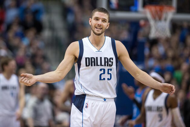Dec 28, 2014; Dallas, TX, USA; Dallas Mavericks forward Chandler Parsons (25) reacts to a play against the Oklahoma City Thunder during the second half at the American Airlines Center. The Mavericks defeated the Thunder 112-107. Mandatory Credit: Jerome Miron-USA TODAY Sports