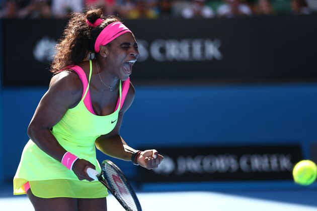 MELBOURNE, AUSTRALIA - JANUARY 29:  Serena Williams of the United States celebrates winning her semifinal match against Madison Keys of the United States during day 11 of the 2015 Australian Open at Melbourne Park on January 29, 2015 in Melbourne, Australia.  (Photo by Clive Brunskill/Getty Images)