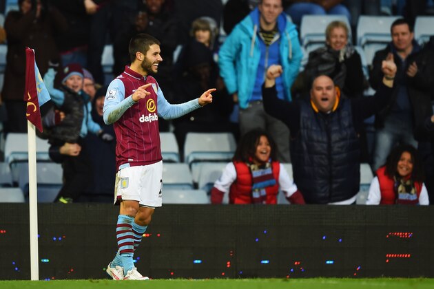 BIRMINGHAM, ENGLAND - JANUARY 25:  Carles Gil of Aston Villa celebrates scoring the opening goal during the FA Cup Fourth Round match between Aston Villa and AFC Bournemouth at Villa Park on January 25, 2015 in Birmingham, England.  (Photo by Shaun Botterill/Getty Images)