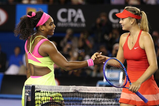 MELBOURNE, AUSTRALIA - JANUARY 31:  Serena Williams of the United States and Maria Sharapova of Russia shake hands after Williams won their women's final during day 13 of the 2015 Australian Open at Melbourne Park on January 31, 2015 in Melbourne, Australia.  (Photo by Hannah Peters/Getty Images)