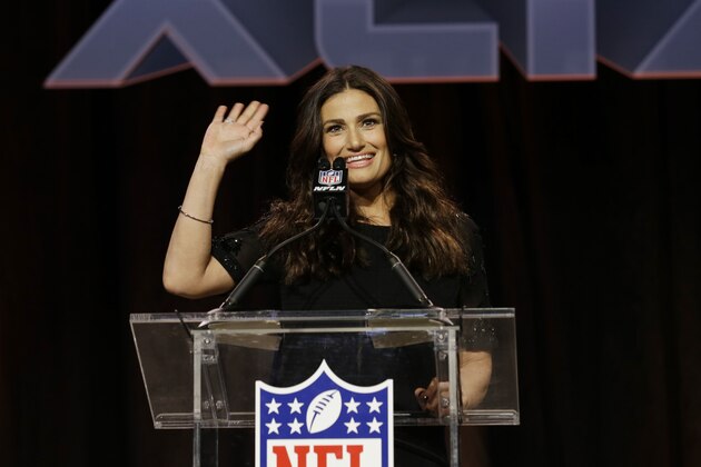 Idina Menzel answers questions at a pregame news conference for NFL Super Bowl XLIX football game Thursday, Jan. 29, 2015, in Phoenix. Menzel is scheduled to sing the national anthem. (AP Photo/Morry Gash)