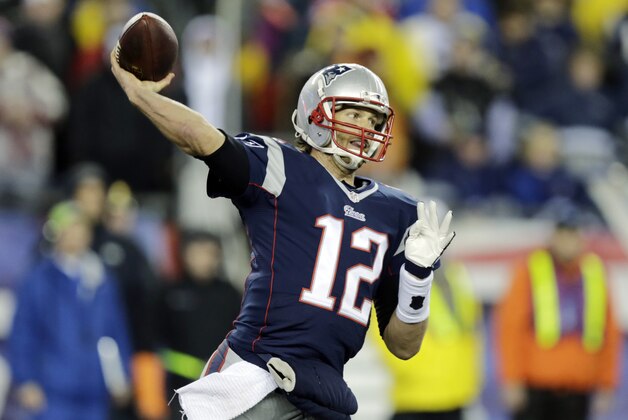 New England Patriots quarterback Tom Brady (12) throws during the first half of the NFL football AFC Championship game against the Indianapolis Colts Sunday, Jan. 18, 2015, in Foxborough, Mass. (AP Photo/Charles Krupa)