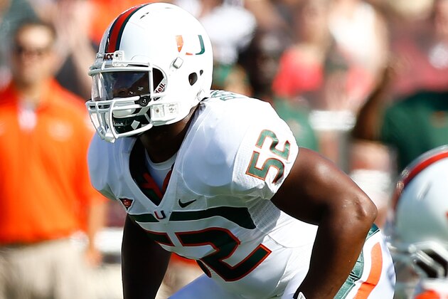 CHESTNUT HILL, MA - SEPTEMBER 01:  Denzel Perryman #52 of the Miami Hurricanes in action against the Boston College Eagles during the game on September 1, 2012 at Alumni Stadium in Chestnut Hill, Massachusetts.  (Photo by Jared Wickerham/Getty Images)