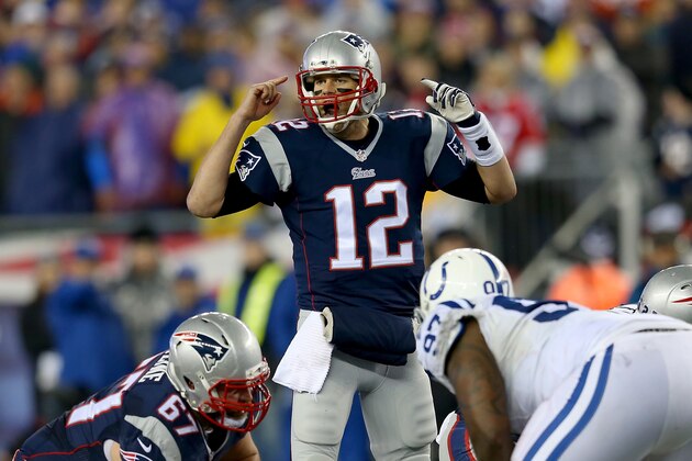 FOXBORO, MA - JANUARY 18:  Tom Brady #12 of the New England Patriots reacts against the Indianapolis Colts of the 2015 AFC Championship Game at Gillette Stadium on January 18, 2015 in Foxboro, Massachusetts.  (Photo by Jim Rogash/Getty Images)