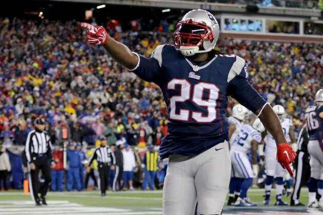 FOXBORO, MA - JANUARY 18:  LeGarrette Blount #29 of the New England Patriots celebrates scoring a touchdown in the first quarter against the Indianapolis Colts of the 2015 AFC Championship Game at Gillette Stadium on January 18, 2015 in Foxboro, Massachusetts.  (Photo by Jim Rogash/Getty Images)