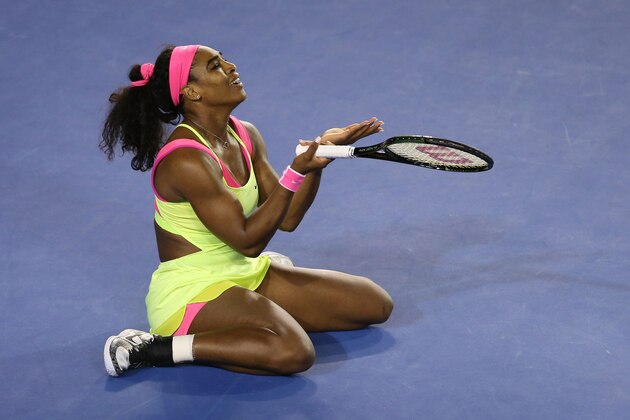 MELBOURNE, AUSTRALIA - JANUARY 31:  Serena Williams of the United States reacts to a point in her women's final match against Maria Sharapova of Russia during day 13 of the 2015 Australian Open at Melbourne Park on January 31, 2015 in Melbourne, Australia.  (Photo by Patrick Scala/Getty Images)