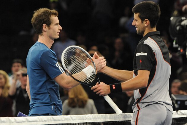 Andy Murray shakes hands with Novak Djokovic after Djokovic won 6-3, 7-6 in the BNP Paribas Showdown Tennis Tournament on Monday, March 3, 2014, in New York. (AP Photo/Kathy Kmonicek)
