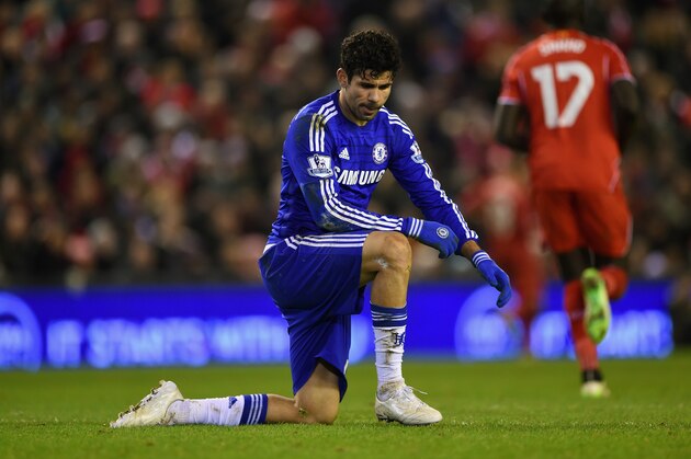 LIVERPOOL, ENGLAND - JANUARY 20: Diego Costa of Chelsea reacts during the Capital One Cup Semi-Final first leg match between Liverpool and Chelsea at Anfield on January 20, 2015 in Liverpool, England.  (Photo by Michael Regan/Getty Images)