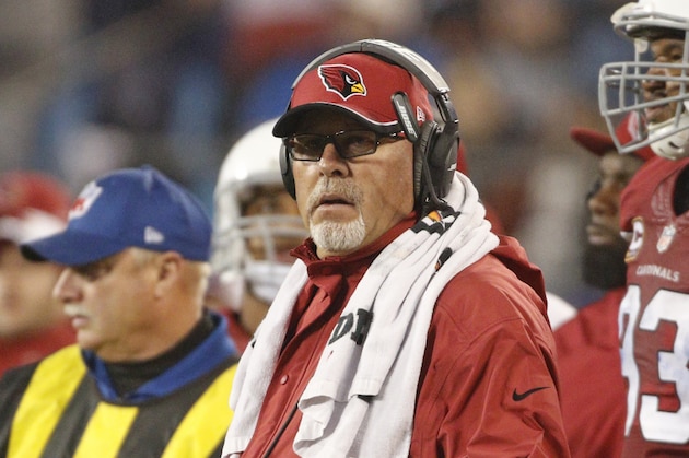 Arizona Cardinals head coach Bruce Arians looks for a call in the first half of an NFL wild card playoff football game against the Carolina Panthers in Charlotte, N.C., Saturday, Jan. 3, 2015. (AP Photo/Bob Leverone)
