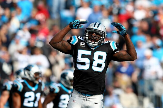 CHARLOTTE, NC - DECEMBER 01:   Thomas Davis #58 of the Carolina Panthers reacts after a play during their game against the Tampa Bay Buccaneers at Bank of America Stadium on December 1, 2013 in Charlotte, North Carolina.  (Photo by Streeter Lecka/Getty Images)