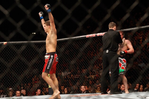 LAS VEGAS, NV - JANUARY 31:  Al Iaquinta celebrates after defeating Joe Lauzon in their lightweight bout during UFC 183 at the MGM Grand Garden Arena on January 31, 2015 in Las Vegas, Nevada. Iaquinta won with a second-round TKO.  (Photo by Steve Marcus/Getty Images)