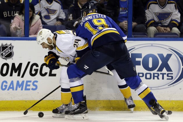 Nashville Predators' Eric Nystrom, left, becomes entangled with St. Louis Blues' Jay Bouwmeester along the boards during the third period of an NHL hockey game Saturday, Nov. 8, 2014, in St. Louis. The Predators won 2-1. (AP Photo/Jeff Roberson)