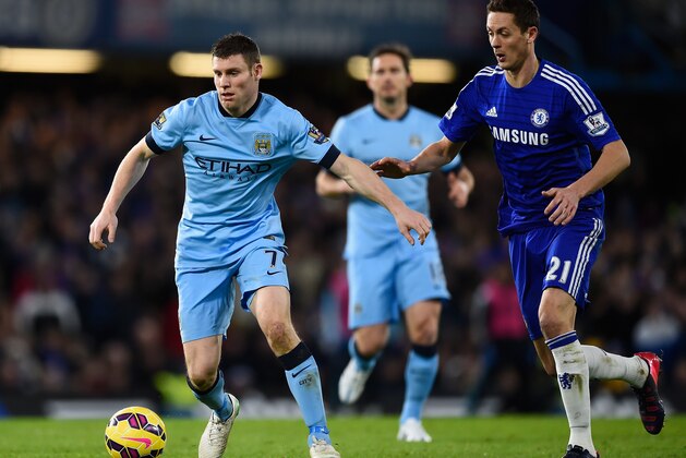 LONDON, ENGLAND - JANUARY 31: James Milner of Manchester City (L) is challenged by Nemanja Matic of Chelsea during the Barclays Premier League match between Chelsea and Manchester City at Stamford Bridge on January 31, 2015 in London, England.  (Photo by Mike Hewitt/Getty Images)