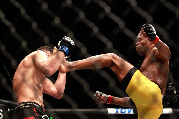 LAS VEGAS, NV - JANUARY 31:  Anderson Silva (R) kicks Nick Diaz in their middleweight bout during UFC 183 at the MGM Grand Garden Arena on January 31, 2015 in Las Vegas, Nevada. Silva won by unanimous decision.  (Photo by Steve Marcus/Getty Images)