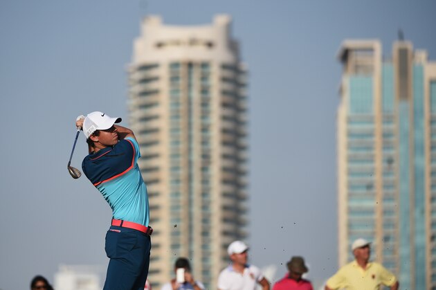 DUBAI, UNITED ARAB EMIRATES - FEBRUARY 01: Rory McIlroy of Northern Ireland plays his second shot on the 17th hole during the final round of the Omega Dubai Desert Classic at the Emirates Golf Club on February 1, 2015 in Dubai, United Arab Emirates.  (Photo by Ross Kinnaird/Getty Images)