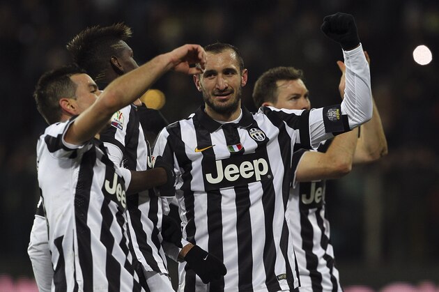 PARMA, ITALY - JANUARY 28:  Giorgio Chiellini of Juventus FC celebrates a victory at the end of the TIM Cup match between Parma FC and Juventus FC at Stadio Ennio Tardini on January 28, 2015 in Parma, Italy.  (Photo by Marco Luzzani/Getty Images)