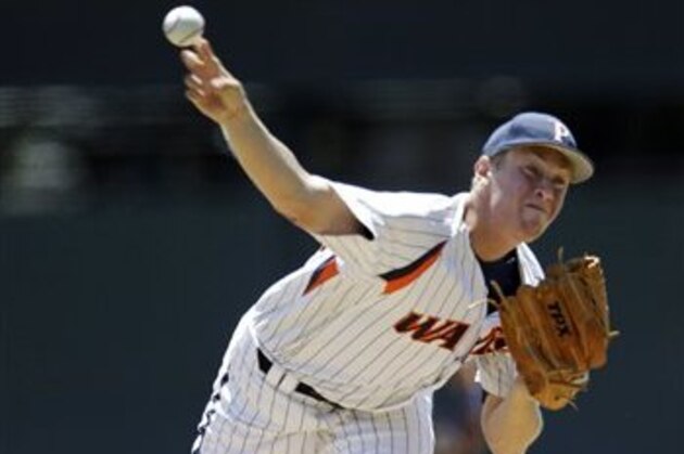 Pepperdine's Jon Moscot pitches against a Michigan State in the first inning of an NCAA regional tournament college baseball game in Stanford, Calif., Friday, June 1, 2012. (AP Photo/Paul Sakuma)