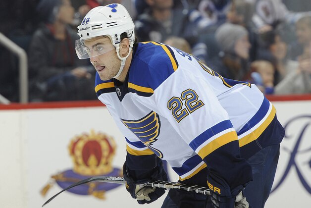 WINNIPEG, CANADA - NOVEMBER 23: Kevin Shattenkirk #22 of the St. Louis Blues gets set for a third period face-off against the Winnipeg Jets on November 23, 2014 at the MTS Centre in Winnipeg, Manitoba, Canada. The Blues defeated the Jets 4-2. (Photo by Lance Thomson/NHLI via Getty Images)