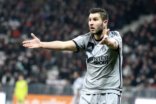 Marseille’s Andre Pierre Gignac reacts during the French League One soccer match Nice vs Marseilles, Friday, Jan. 23, 2015, in Nice stadium, southeastern France. (AP Photo/Lionel Cironneau)