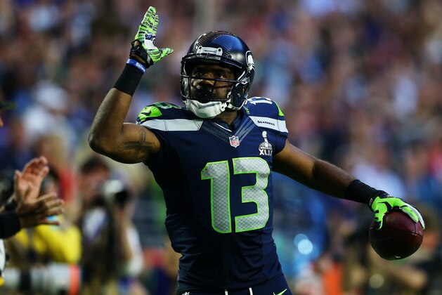 GLENDALE, AZ - FEBRUARY 01:  Chris Matthews #13 of the Seattle Seahawks reacts after making a catch against the New England Patriots in the second quarter during Super Bowl XLIX at University of Phoenix Stadium on February 1, 2015 in Glendale, Arizona.  (Photo by Elsa/Getty Images)