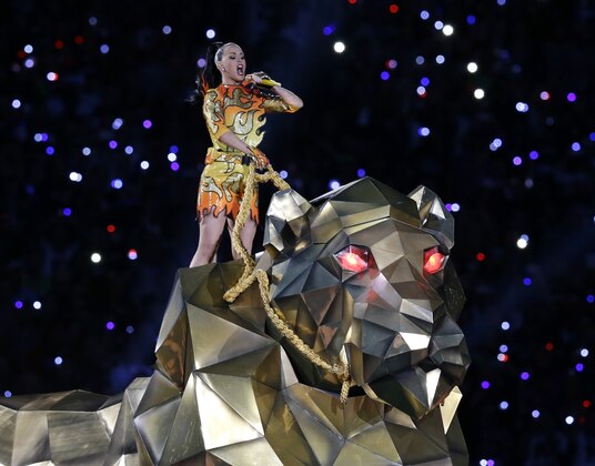 Singer Katy Perry performs during halftime of NFL Super Bowl XLIX football game between the Seattle Seahawks and the New England Patriots Sunday, Feb. 1, 2015, in Glendale, Ariz. (AP Photo/Michael Conroy)