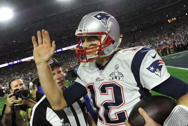 iFeb 1, 2015; Glendale, AZ, USA; New England Patriots quarterback Tom Brady (12) celebrates victory in Super Bowl XLIX at University of Phoenix Stadium. Mandatory Credit: Robert Deutsch-USA TODAY Sports