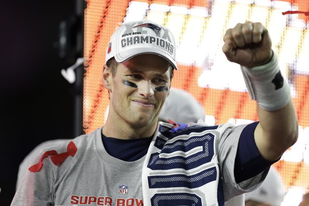New England Patriots quarterback Tom Brady (12) celebrates after the NFL Super Bowl XLIX football game against the Seattle Seahawks Sunday, Feb. 1, 2015, in Glendale, Ariz. The Patriots won the game 28-24.(AP Photo/Ben Margot)