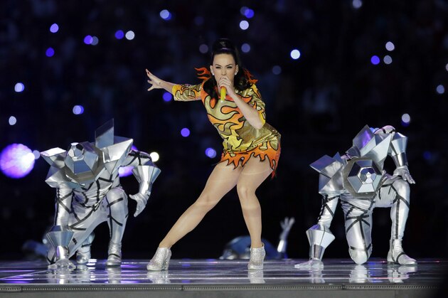 Singer Katy Perry performs during halftime of NFL Super Bowl XLIX football game between the Seattle Seahawks and the New England Patriots Sunday, Feb. 1, 2015, in Glendale, Ariz. (AP Photo/Michael Conroy)
