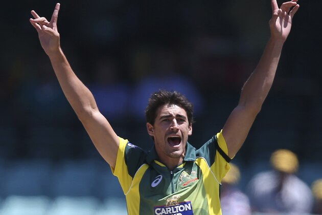 Australia's Mitchell Starc appeals for and is granted his second LBW decision in the first over taking the wicket of England's James Taylor for no score during their one-day International cricket match in Sydney, Friday, Jan. 16, 2015. (AP Photo/Rick Rycroft)