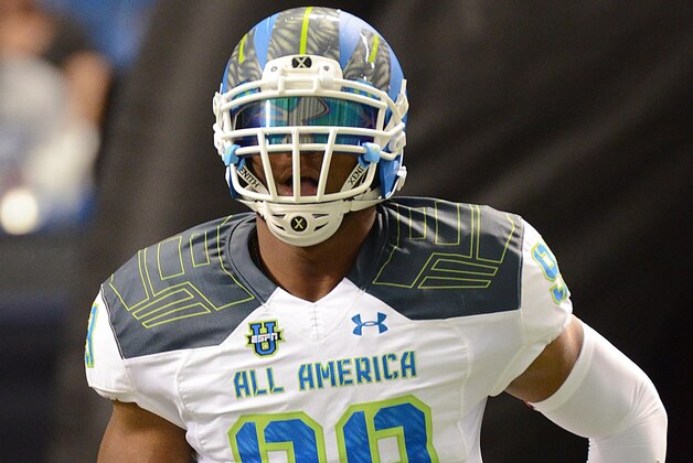 Jan 2, 2015; St. Petersburg, FL, USA; Team Highlight defensive linemen Byron Cowart (99) runs on to the field during the introductions at the 2015 Under Armour All-America Game at Tropicana Field. Mandatory Credit: Jonathan Dyer-USA TODAY Sports