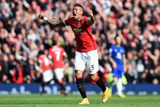 MANCHESTER, ENGLAND - OCTOBER 05:  Marcos Rojo of Manchester United celebrates his team's second goal during the Barclays Premier League match between Manchester United and Everton at Old Trafford on October 5, 2014 in Manchester, England.  (Photo by Michael Regan/Getty Images)