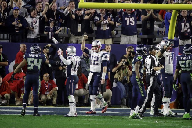 New England Patriots quarterback Tom Brady (12) reacts near the end of the second half of NFL Super Bowl XLIX football game Sunday, Feb. 1, 2015, in Glendale, Ariz. The Patriots beat the Seattle Seahawks 28-24. (AP Photo/Elise Amendola)