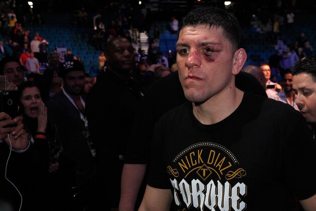 LAS VEGAS, NV - JANUARY 31:  Nick Diaz  leaves the arena after losing to  Anderson Silva in a middleweight bout during UFC 183 at the MGM Grand Garden Arena on January 31, 2015 in Las Vegas, Nevada. Silva won by unanimous decision.  (Photo by Steve Marcus/Getty Images)