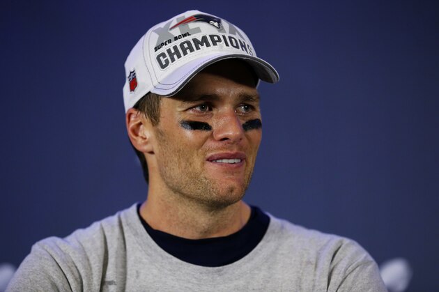 GLENDALE, AZ - FEBRUARY 01: Tom Brady #12 of the New England Patriots talks to the media after winning Super Bowl XLIX 28-24 against the Seattle Seahawks at University of Phoenix Stadium on February 1, 2015 in Glendale, Arizona.  (Photo by Tom Pennington/Getty Images)