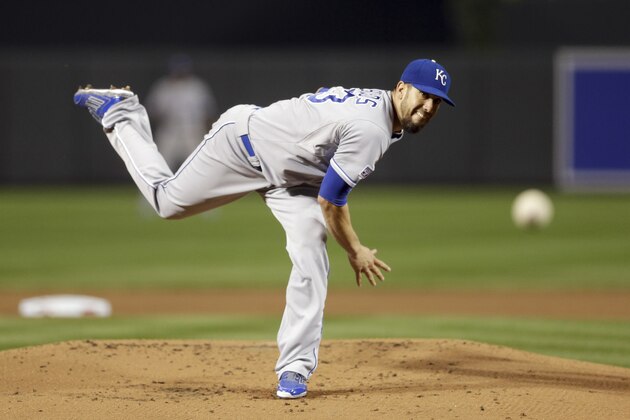Kansas City Royals starting pitcher James Shields throws during the first inning of Game 1 of the American League baseball championship series against the Baltimore Orioles Friday, Oct. 10, 2014, in Baltimore. (AP Photo/Pool, Patrick Semansky)