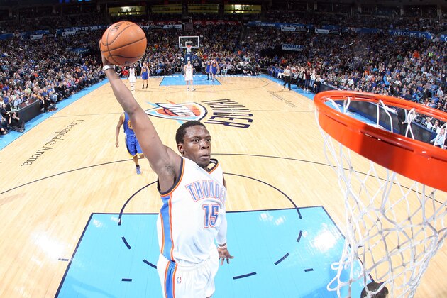 NEW ORLEANS, LA -  JANUARY 16: Reggie Jackson #15 of the Oklahoma City Thunder goes up for a shot against the Memphis Grizzlies on January 16, 2015 at Smoothie King Center in New Orleans, Louisiana. NOTE TO USER: User expressly acknowledges and agrees that, by downloading and or using this Photograph, user is consenting to the terms and conditions of the Getty Images License Agreement. Mandatory Copyright Notice: Copyright 2015 NBAE (Photo by Layne Murdoch Jr./NBAE via Getty Images)